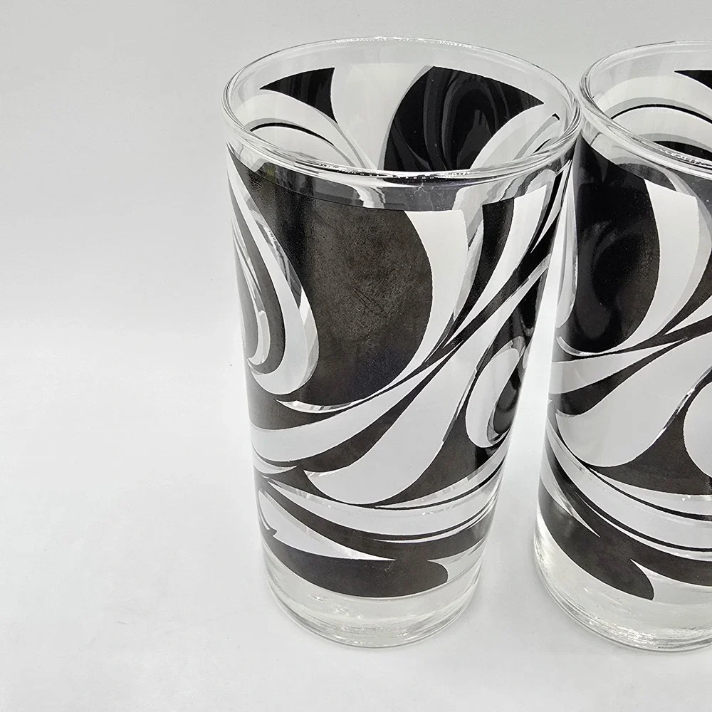 Libbey Partytime Mid-Century Black and White Atomic Swirl Glasses Vhtf Mod‎
